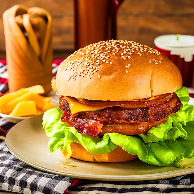 Una hamburguesa deliciosa con una generosa cantidad de queso cubierta de tocino crujiente y rebanada de aguacate