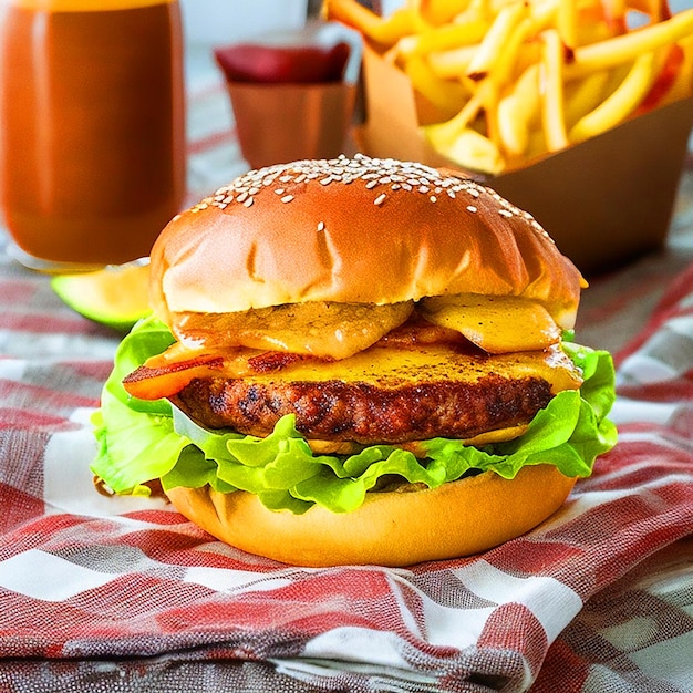 Una hamburguesa deliciosa con una generosa cantidad de queso cubierta de tocino crujiente y rebanada de aguacate