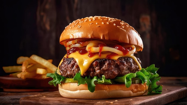 Hamburguesa deliciosa que está llena de sabor Hamburguesa hecha de carne de res y cerdo con queso lechuga tomate y cebollas IA generativa