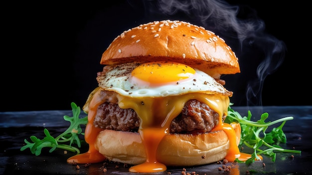 Hamburguesa deliciosa que está llena de sabor Hamburguesa hecha de carne de res y cerdo con queso lechuga tomate y cebollas IA generativa