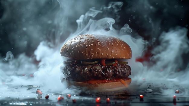 Foto hamburguesa con detalles de humo detrás en el fondo oscuro