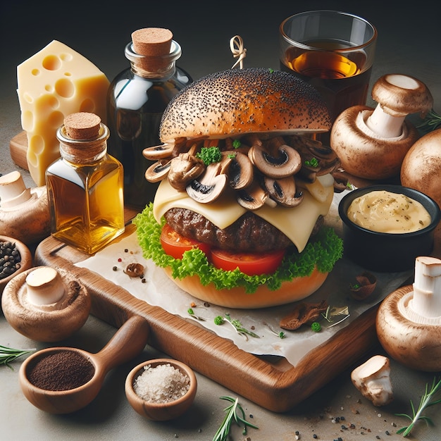 hamburguesa diseñada para los amantes del umami con ingredientes como setas aceite de trufa y cheddar envejecido