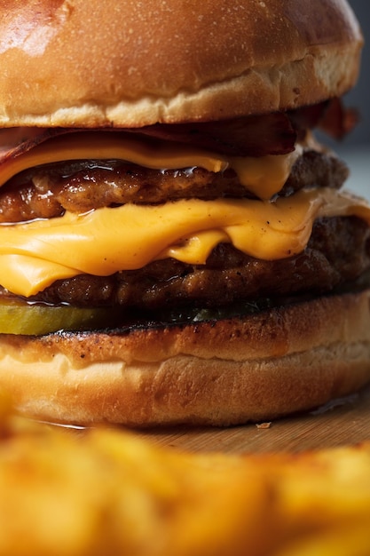 Foto hamburguesa doble chuleta doble queso cheddar tocino cebollas fritas en profundidad pepinillos