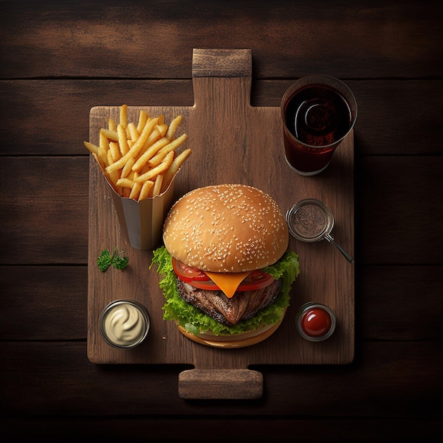 Hamburguesa doble fresca y sabrosa con papas fritas sobre fondo negro