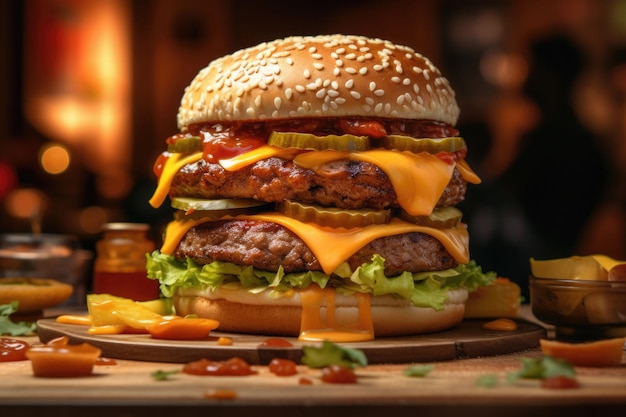 Hamburguesa doble con lechuga tomate cebolla y queso americano fundido IA generativa