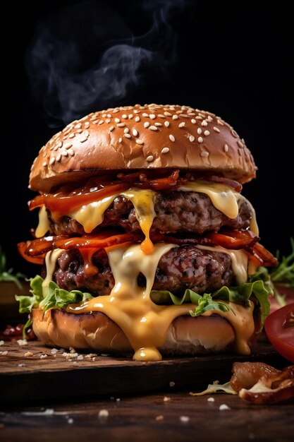 Hamburguesa doble con mucho humo sobre un fondo oscuro