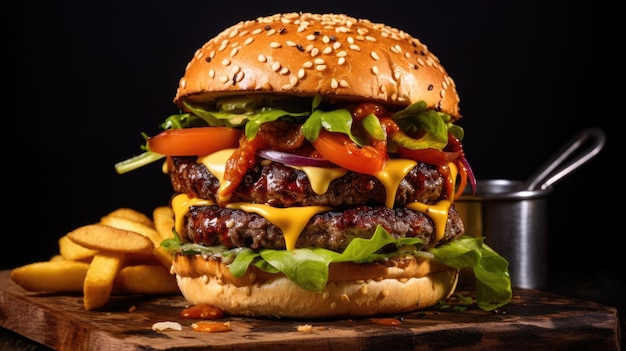 una hamburguesa doble con papas fritas