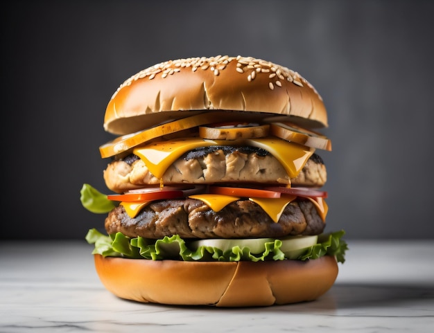 Una hamburguesa doble con queso con un bollo y tomate con ai generativo