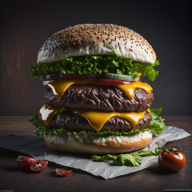 Una hamburguesa doble con queso con lechuga, tomate y cebolla encima.