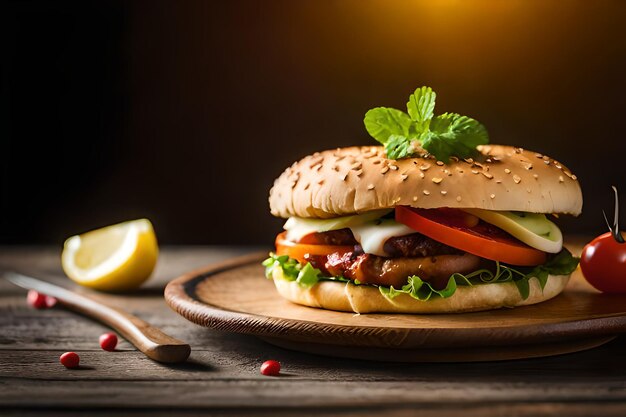 Hamburguesa doble con queso sobre tabla de madera Banner largo y ancho