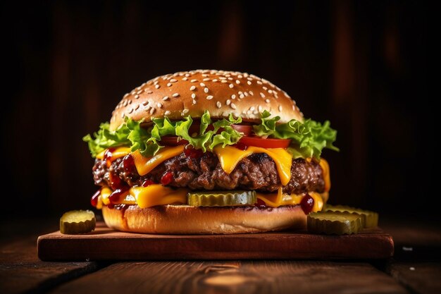 hamburguesa doble queso verduras en un plato de madera fondo oscuro