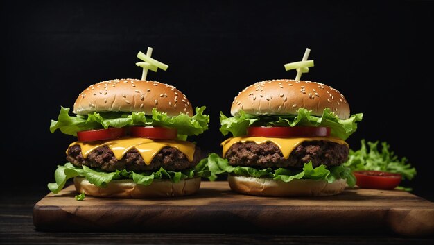 Hamburguesa doble en una tabla de madera con queso cortado y hierbas