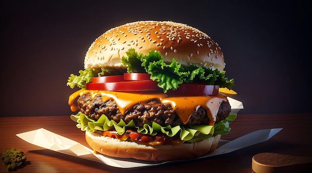 Hamburguesa doble con verduras a la parrilla Hoja de lechuga de tomate entre bollos de hamburguesa en tablero de madera