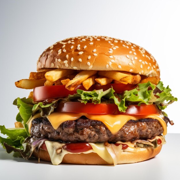 Foto hamburguesa con ensalada, queso y tomates.