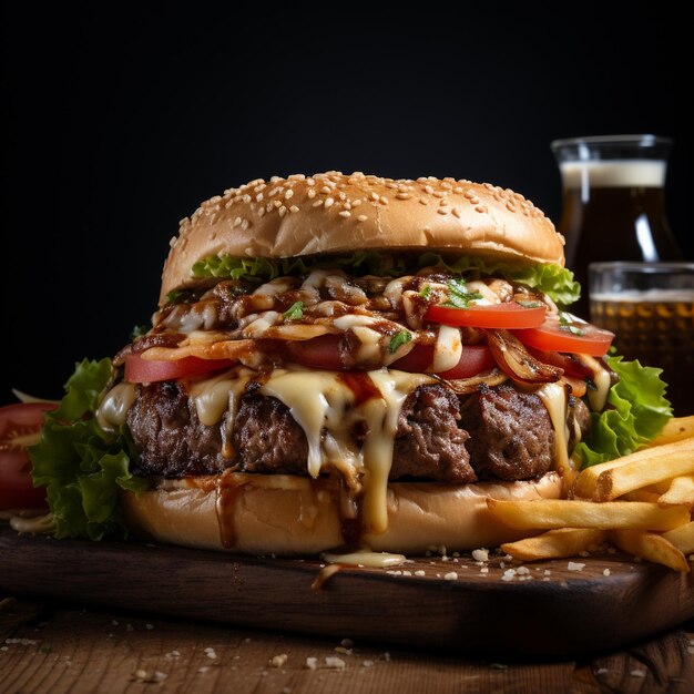 Foto hamburguesa con ensalada, queso y tomates.