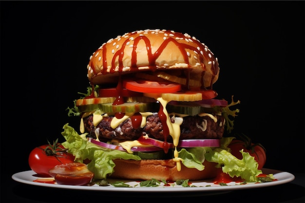 Una hamburguesa con ensalada y salsa.