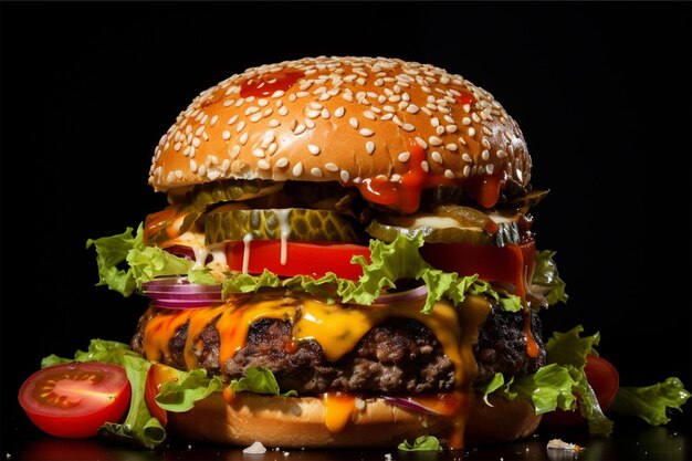 Una hamburguesa con ensalada y salsa.