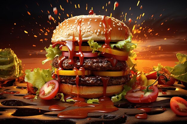 la hamburguesa es con salsa y salpicaduras de verduras en el estilo de paisajes fotorrealistas