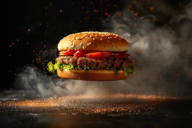 Una hamburguesa está volando por el aire con humo y fuego detrás de ella