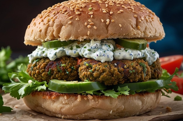 Foto hamburguesa de falafel griega con hummus y tzatziki