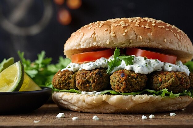 Foto hamburguesa de falafel griega con hummus y tzatziki