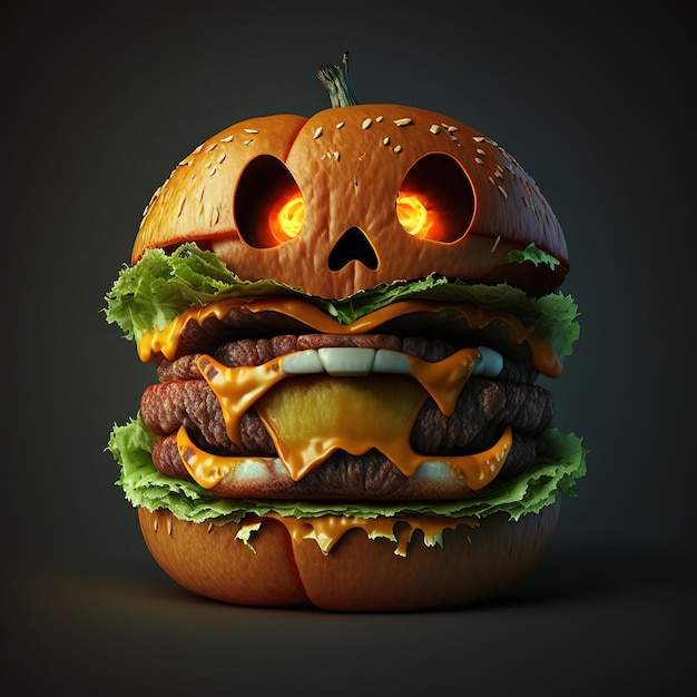 Hamburguesa de fiesta de Halloween en forma de calabaza aterradora en tablero de madera natural. Concepto de comida de Halloween.