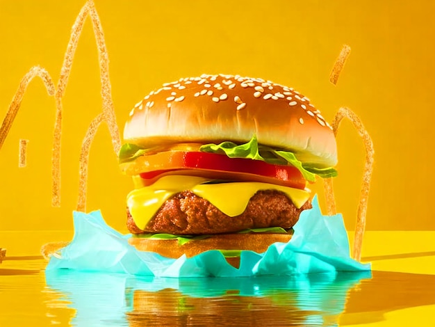 Foto hamburguesa en un fondo amarillo concepto de comida chatarra de comida rápida