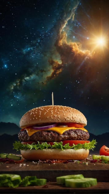una hamburguesa con un fondo de estrellas y un cielo nocturno