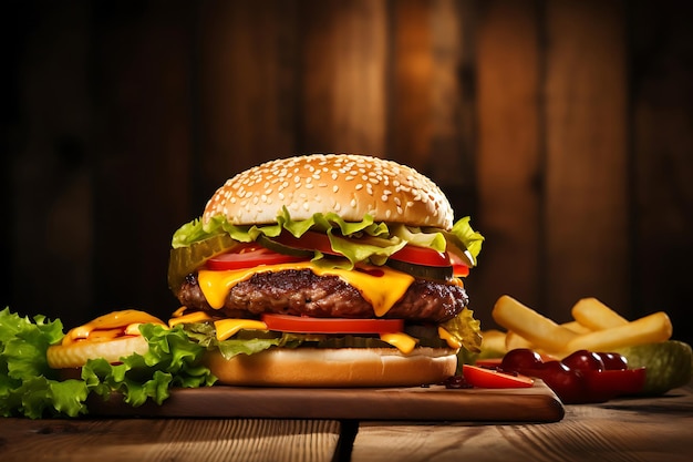 Hamburguesa en un fondo de mesa de madera