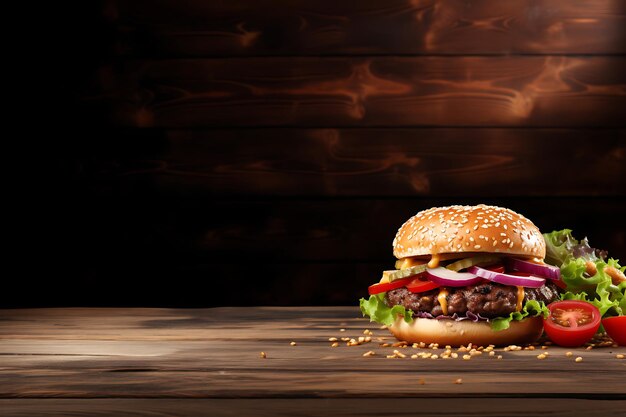 Foto hamburguesa en un fondo de mesa de madera