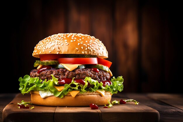 Hamburguesa en un fondo de mesa de madera