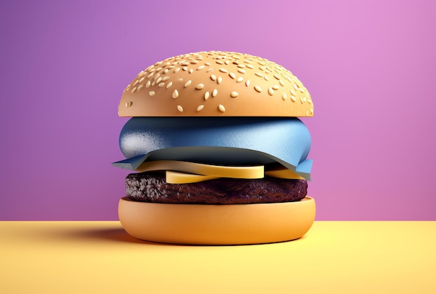 Una hamburguesa con un fondo morado y un fondo morado.