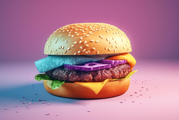 Una hamburguesa con un fondo morado y un fondo morado.