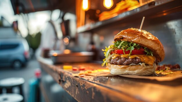 hamburguesa en el fondo de un mostrador de un camión de comida