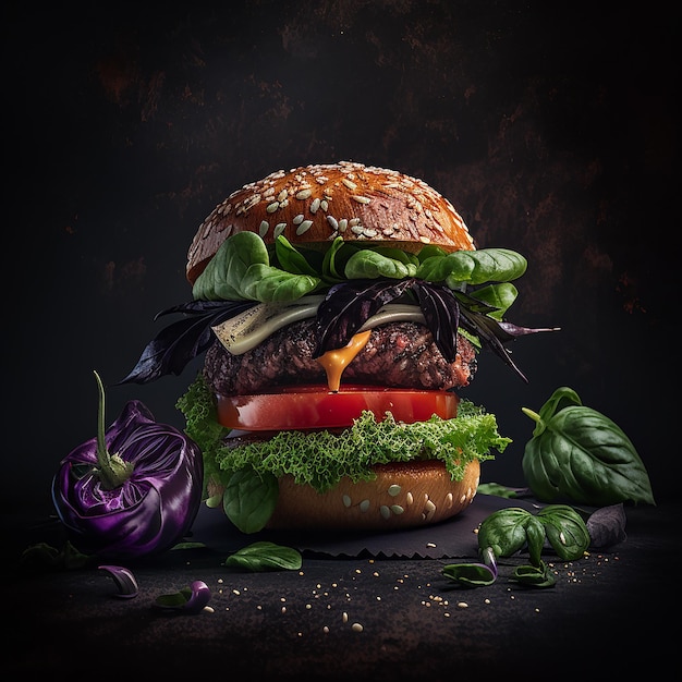 Una hamburguesa con un fondo negro y un montón de verduras.