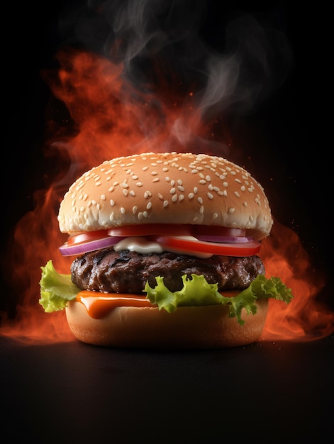 Foto hamburguesa en fondo oscuro con fuego en llamas