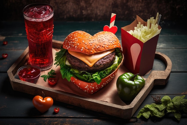 Hamburguesa en forma de corazón en un estuche festivo con verduras y bebida roja