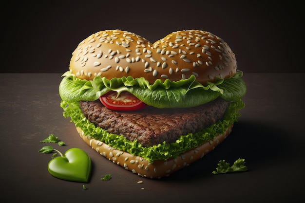 Hamburguesa en forma de corazón con gran chuleta de ternera jugosa y lechuga verde