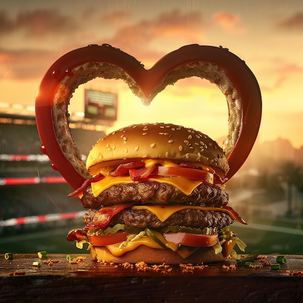 Foto una hamburguesa en forma de corazón hecha por alguien con un corazón en el fondo
