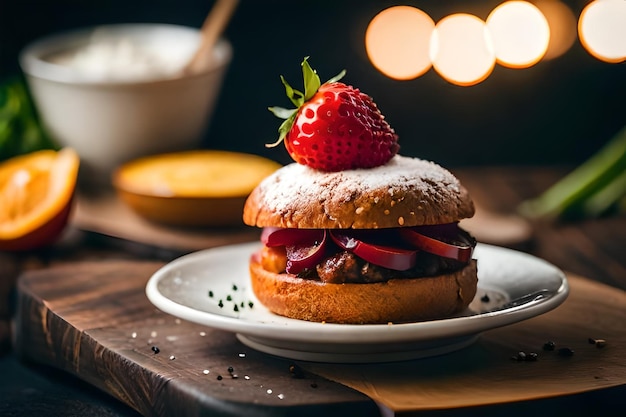 Una hamburguesa con una fresa encima