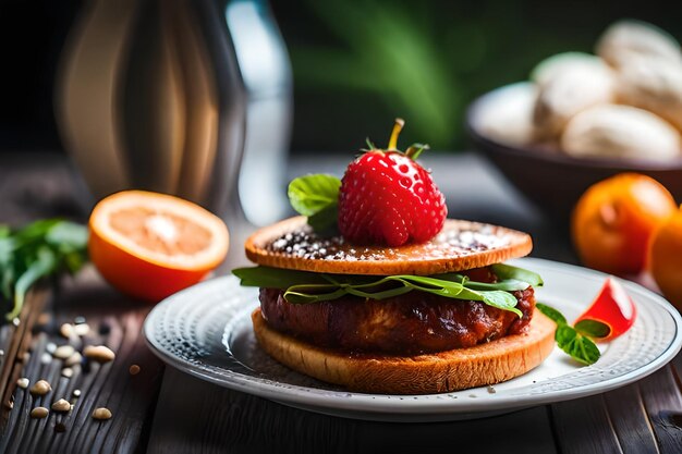 una hamburguesa con una fresa en la parte superior y una fresa En la parte superior