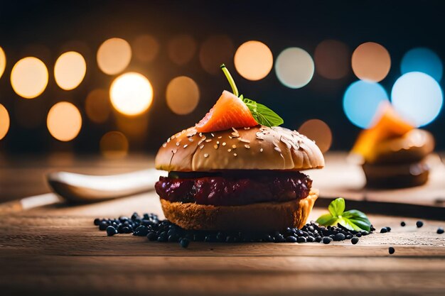 Foto una hamburguesa con una fresa en la parte superior