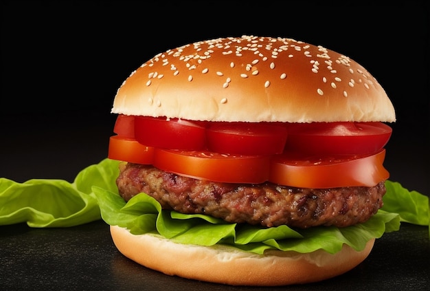 Una hamburguesa fresca y deliciosa sobre un fondo negro.