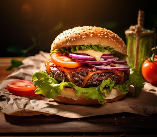 Hamburguesa fresca con queso cheddar derretido y tocino sobre una superficie gris