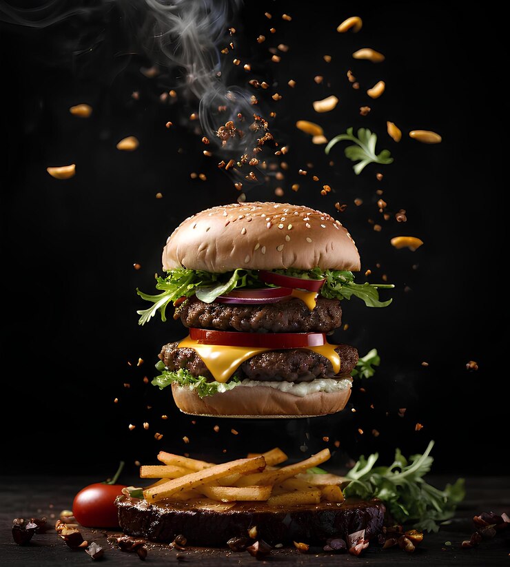 Hamburguesa fresca sabrosa aire volador y patatas fritas con poco vapor en fondo oscuro comida rápida no saludable b