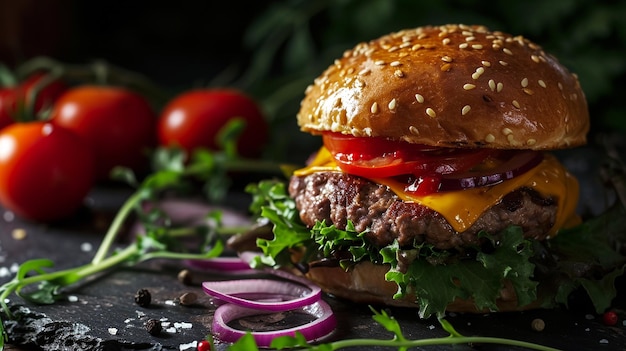 Hamburguesa fresca y sabrosa en fondo oscuro Foco selectivo IA generativa