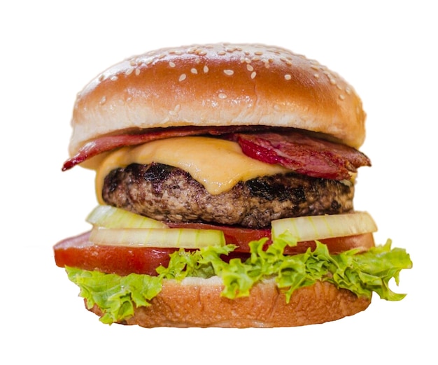 hamburguesa fresca y sabrosa hamburguesa grande y fresca con carne y queso aislada sobre fondo blanco
