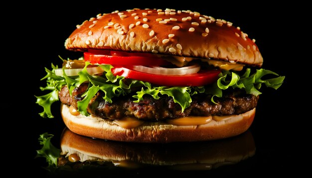 Hamburguesa fresca y sabrosa sobre fondo negro