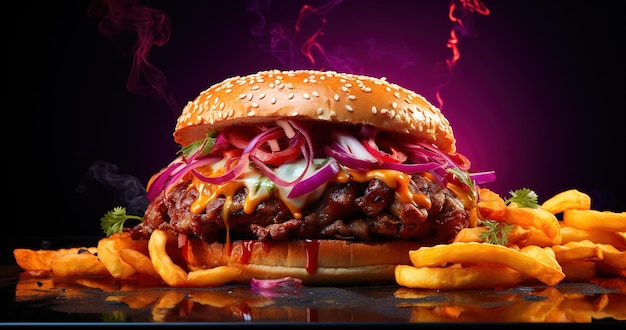 Hamburguesa fresca y sabrosa sobre fondo oscuro