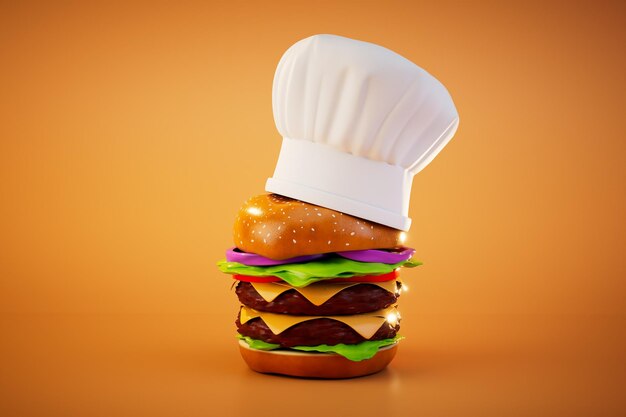 Hamburguesa fresca y sabrosa en un sombrero de chef aislado sobre fondo naranja 3D Render